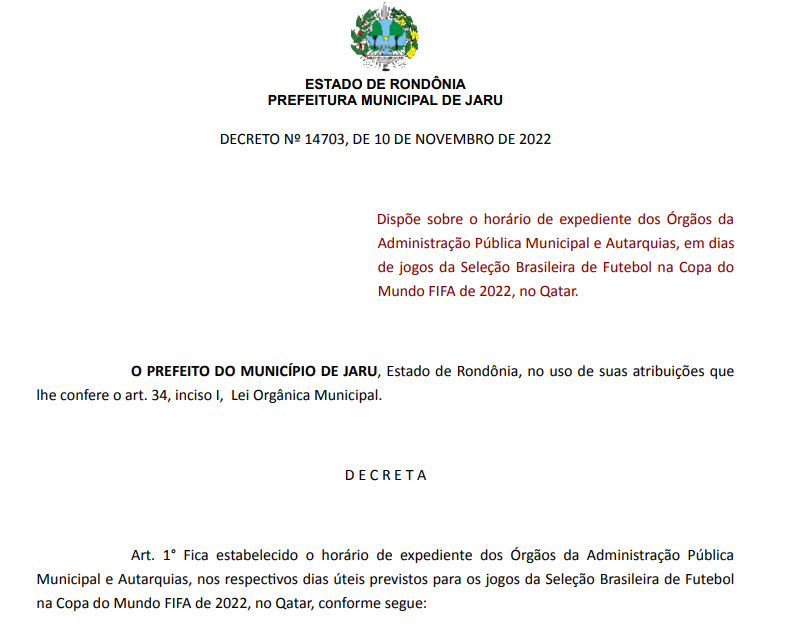 Decreto Municipal: Horários em dias de jogos da Copa do Mundo FIFA